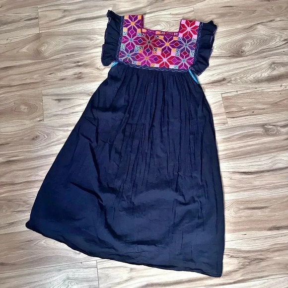MEXICO ARTE Y MODA | Star Rayon Tunic Dress Navy Pink Purple Rainbow | Small - Picture 2 of 4